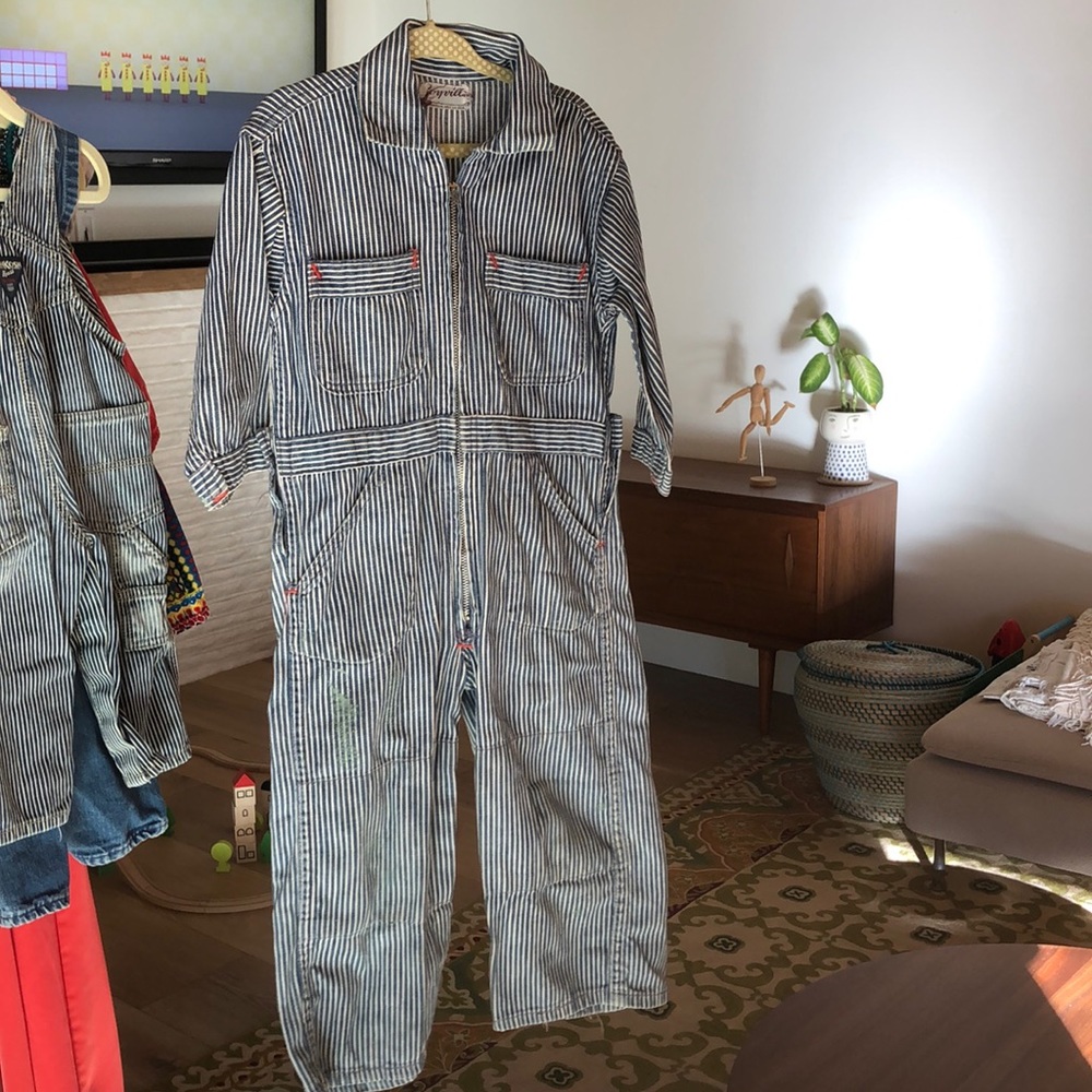 Cute striped jumpsuit. Train conductor costume.